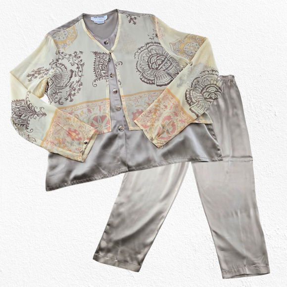 1990s Vintage Tere Tereba 100% Silk Blouse Pants Set Lounge Evening Size Medium - Picture 1 of 16